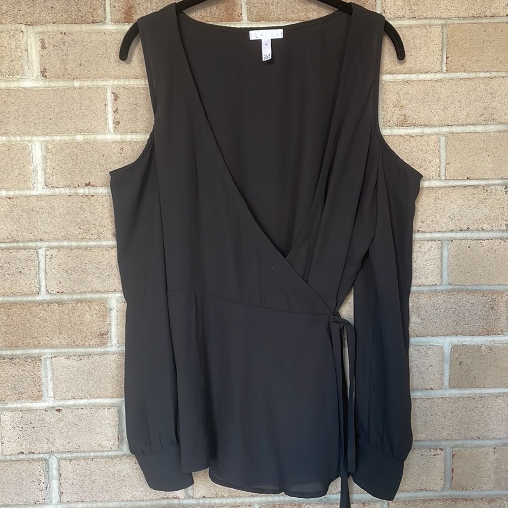 LEITH Black Chiffon Cold Shoulder Wrap Blouse